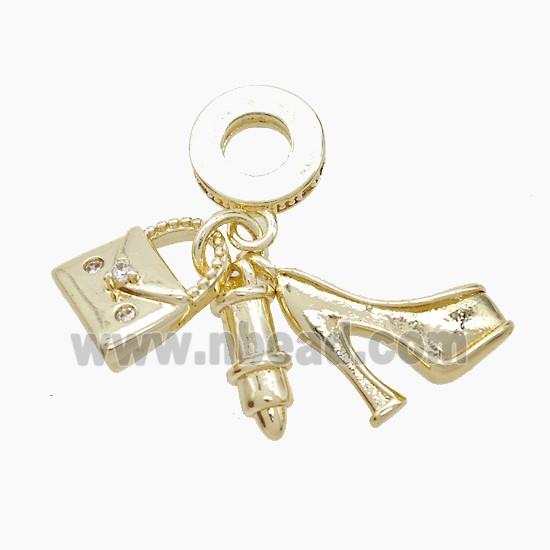 Copper High-heels And Handbag Lipstick Pendant Pave Zirconia Gold Plated