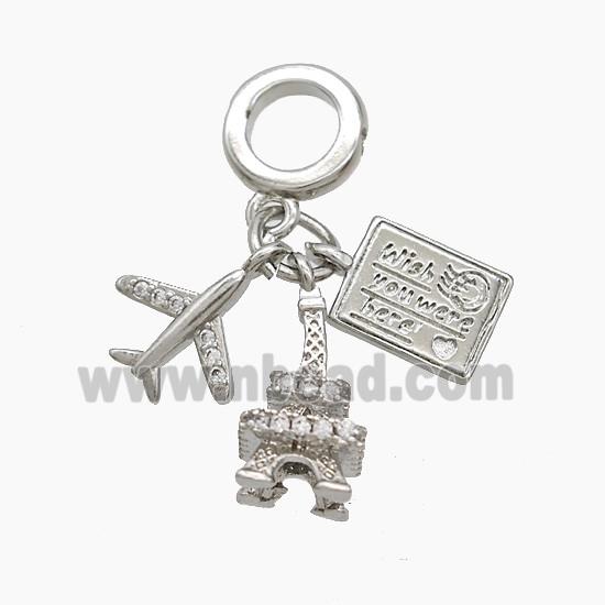 Eiffel Tower And Airplane Postcard Charms Copper Pendant Pave Zirconia Platinum Plated