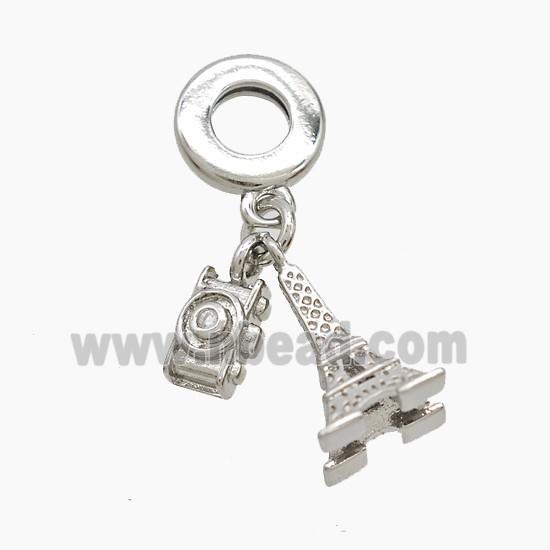 Copper Eiffel Tower And Camera Pendant Pave Zirconia Platinum Plated
