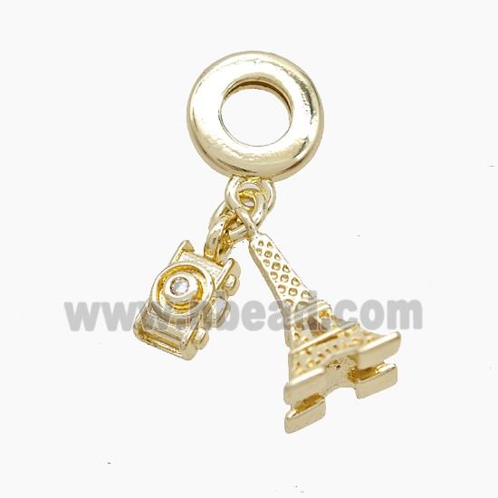 Copper Eiffel Tower And Camera Pendant Pave Zirconia Gold Plated