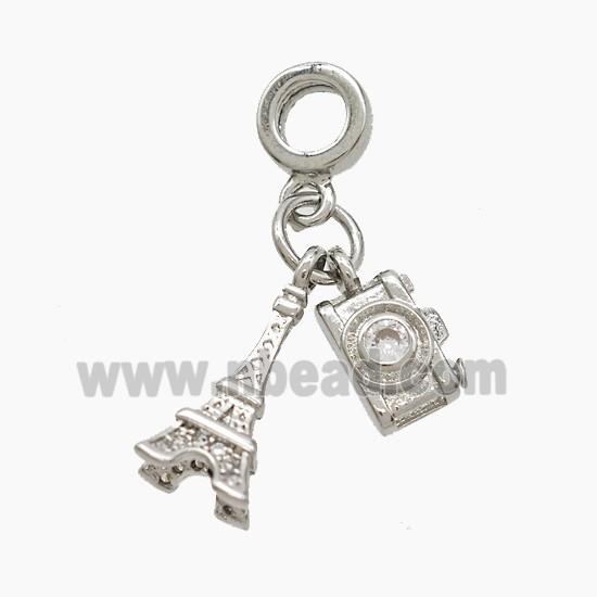 Copper Eiffel Tower And Camera Pendant Pave Zirconia Platinum Plated