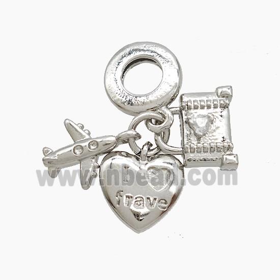 Copper Heart And Airplane Lock Pendant Pave Crystal Glass Platinum Plated