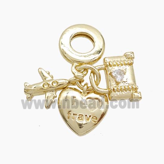 Copper Heart And Airplane Lock Pendant Pave Crystal Glass Gold Plated