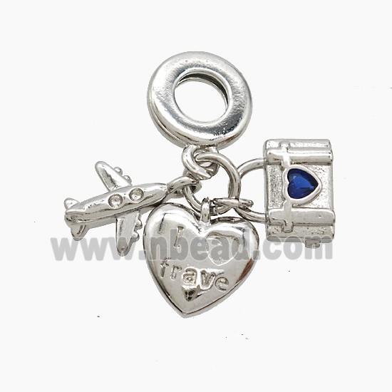 Copper Heart And Airplane Lock Pendant Pave Crystal Glass Platinum Plated