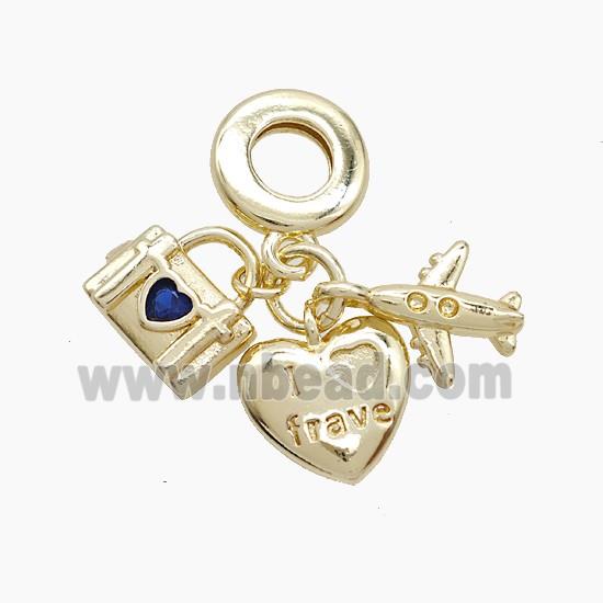 Copper Heart And Airplane Lock Pendant Pave Crystal Glass Gold Plated