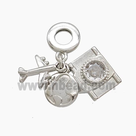 Copper Airplane And Footprint Camera Pendant Pave Zirconia Platinum Plated