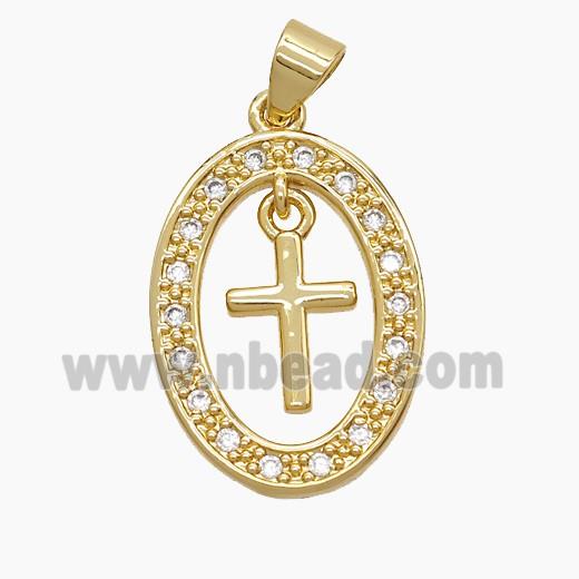 Copper Oval Pendant Pave Zirconia Cross 18K Gold Plated