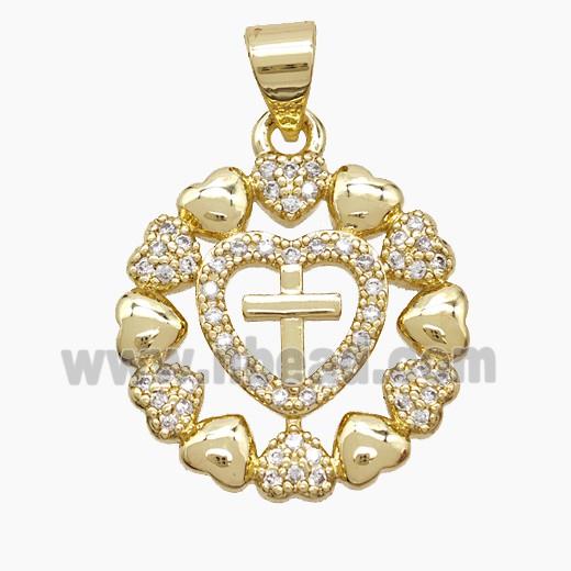 Copper Cross Heart Pendant Pave Zirconia 18K Gold Plated