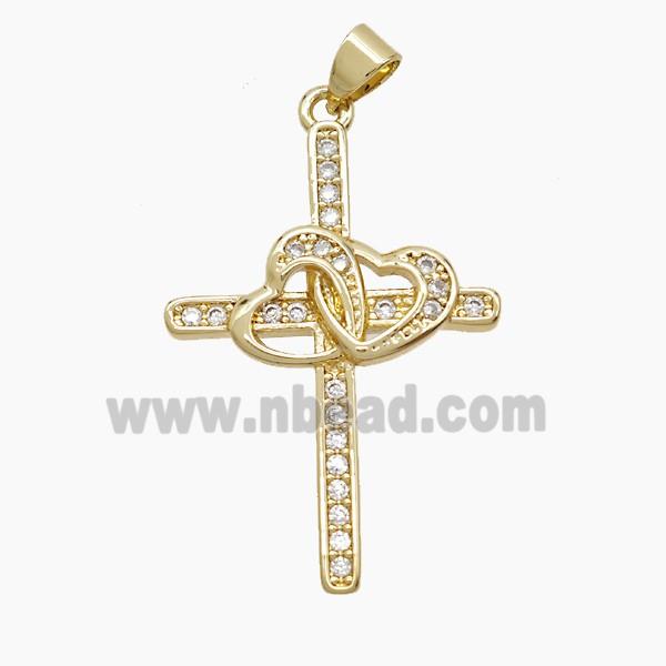 Copper Cross Pendant Pave Zirconia Heart 18K Gold Plated