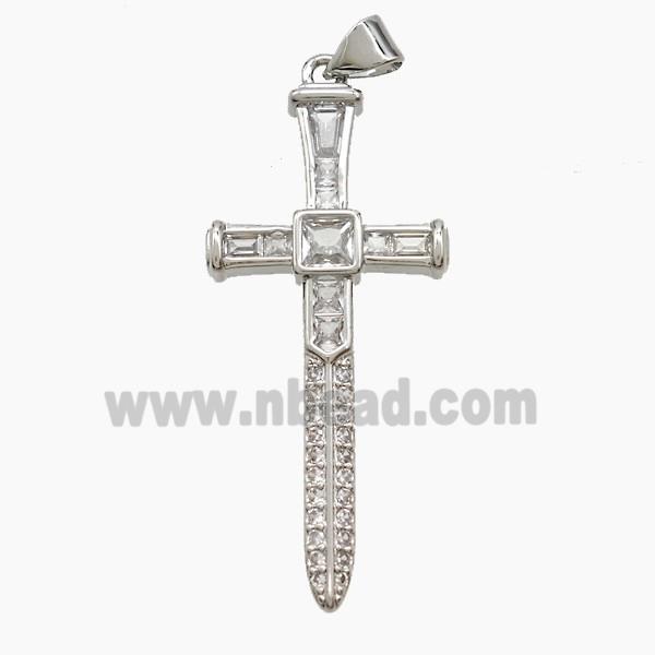 Copper Ankh Cross Pendant Pave Zirconia Sword Platinum Plated