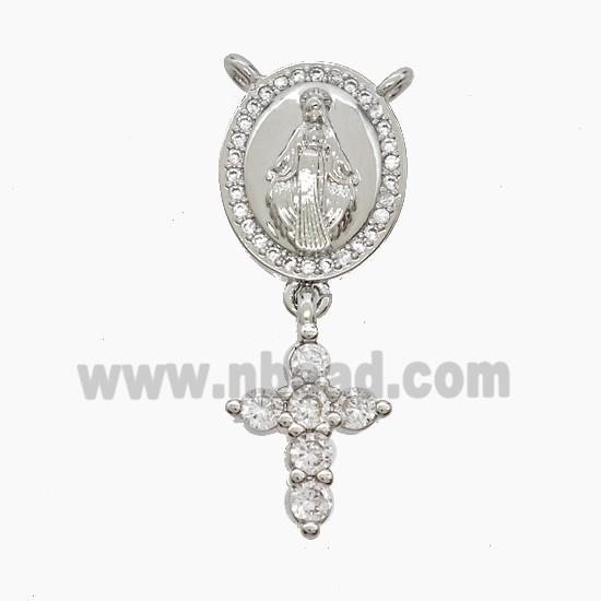 Copper Virgin Mary Pendant Pave Zirconia Cross 2loops Platinum Plated