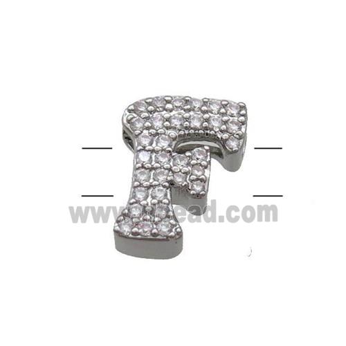 Copper Letter-F Beads Pave Zirconia 2holes Platinum Plated