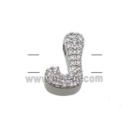Copper Letter-J Beads Pave Zirconia 2holes Platinum Plated