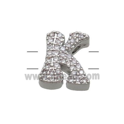 Copper Letter-K Beads Pave Zirconia 2holes Platinum Plated