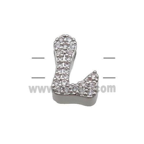 Copper Letter-L Beads Pave Zirconia 2holes Platinum Plated