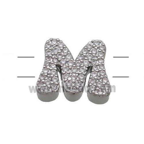 Copper Letter-M Beads Pave Zirconia 2holes Platinum Plated