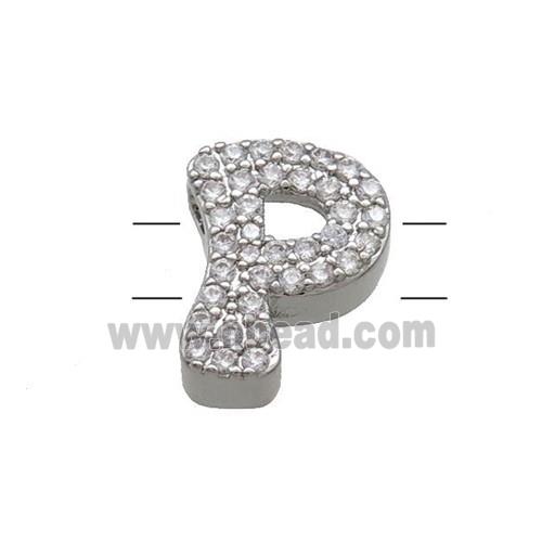 Copper Letter-P Beads Pave Zirconia 2holes Platinum Plated