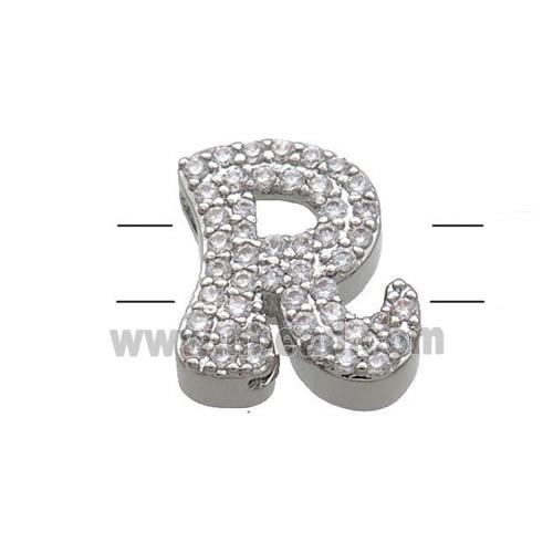 Copper Letter-R Beads Pave Zirconia 2holes Platinum Plated