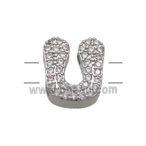 Copper Letter-U Beads Pave Zirconia 2holes Platinum Plated