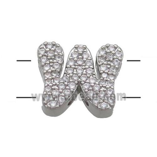 Copper Letter-W Beads Pave Zirconia 2holes Platinum Plated