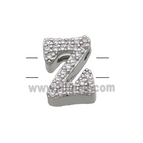 Copper Letter-Z Beads Pave Zirconia 2holes Platinum Plated
