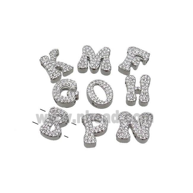 Copper Alphabet Beads Pave Zirconia 2holes Platinum Plated Mixed Letters