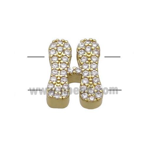 Copper Letter-H Beads Pave Zirconia 2holes Gold Plated