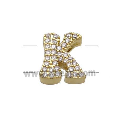 Copper Letter-K Beads Pave Zirconia 2holes Gold Plated