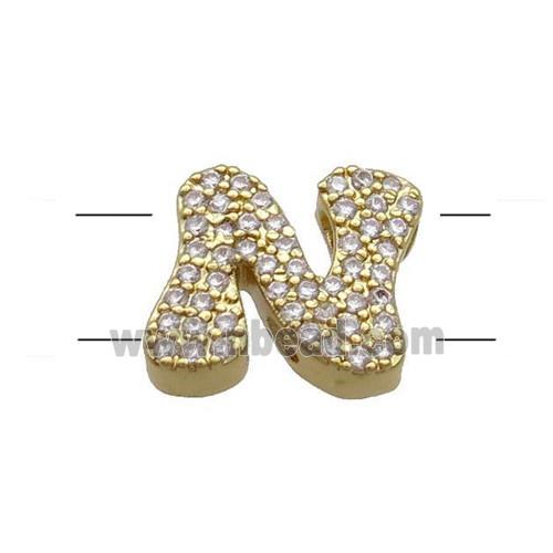 Copper Letter-N Beads Pave Zirconia 2holes Gold Plated