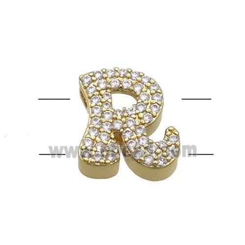 Copper Letter-R Beads Pave Zirconia 2holes Gold Plated