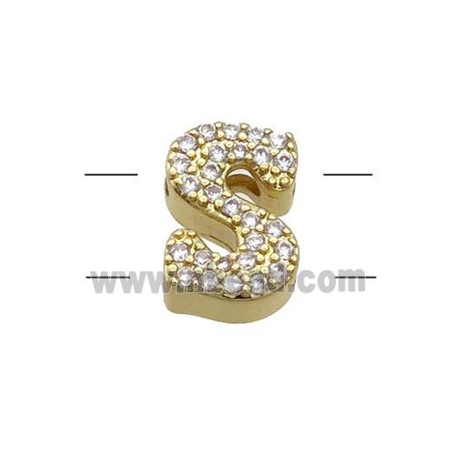 Copper Letter-S Beads Pave Zirconia 2holes Gold Plated