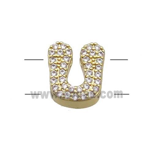 Copper Letter-U Beads Pave Zirconia 2holes Gold Plated