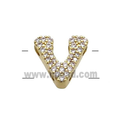 Copper Letter-V Beads Pave Zirconia 2holes Gold Plated