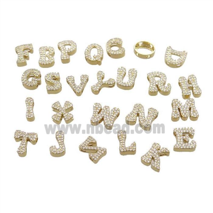 Copper Letter Beads Pave Zirconia 2holes Gold Plated Mix Alphabets