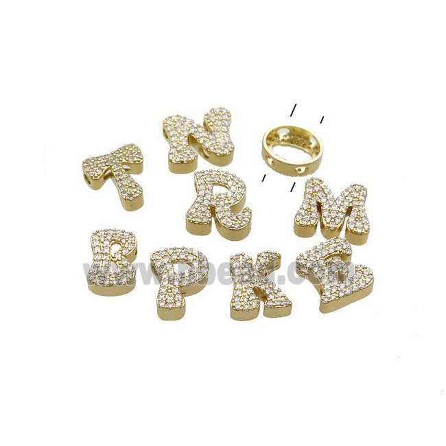 Copper Letter Beads Pave Zirconia 2holes Gold Plated Mix Alphabets