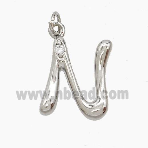 Copper Letter-N Pendant Pave Zirconia Platinum Plated