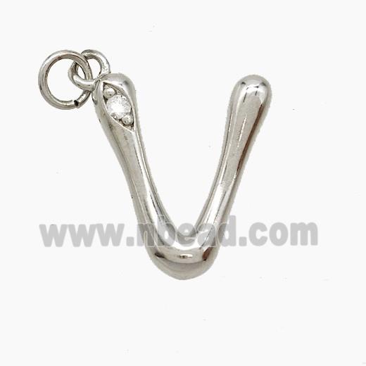 Copper Letter-V Pendant Pave Zirconia Platinum Plated
