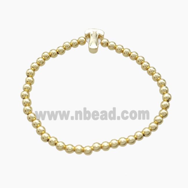 Copper Bracelet With Letter-T Stretchy Gold Plated