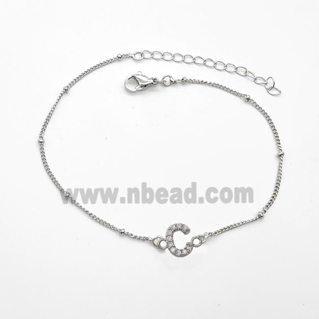 Copper Bracelet With Letter-C Pave Zirconia Platinum Plated