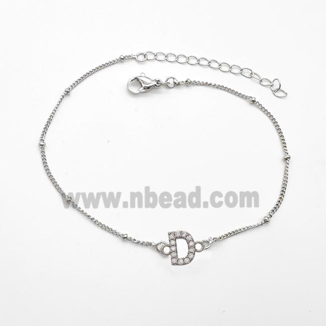 Copper Bracelet With Letter-D Pave Zirconia Platinum Plated