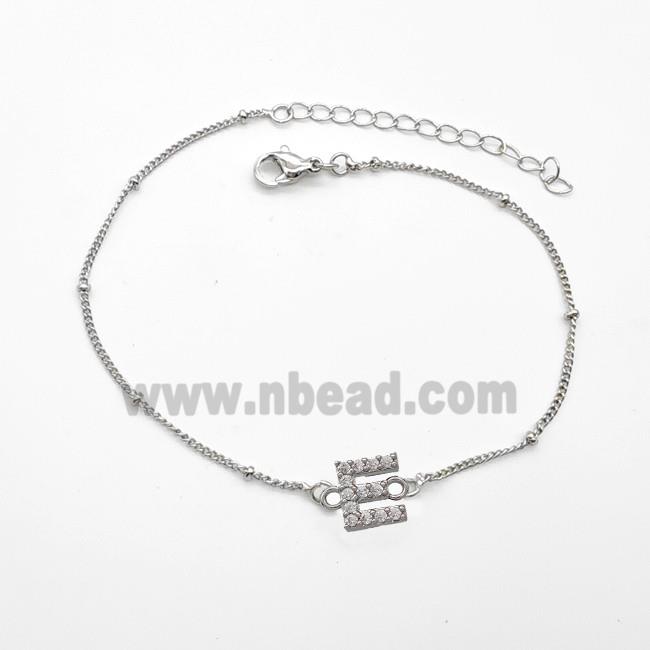 Copper Bracelet With Letter-E Pave Zirconia Platinum Plated