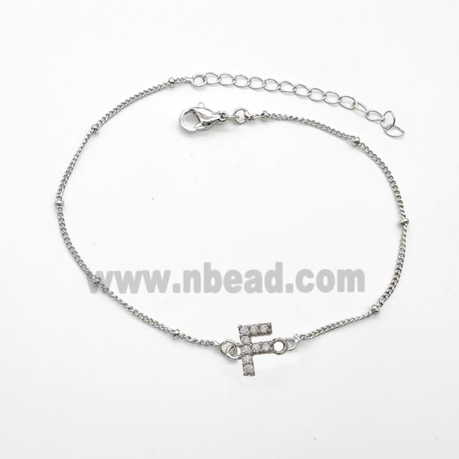 Copper Bracelet With Letter-F Pave Zirconia Platinum Plated