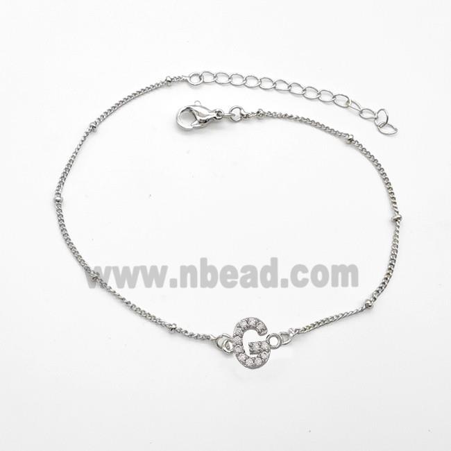 Copper Bracelet With Letter-G Pave Zirconia Platinum Plated