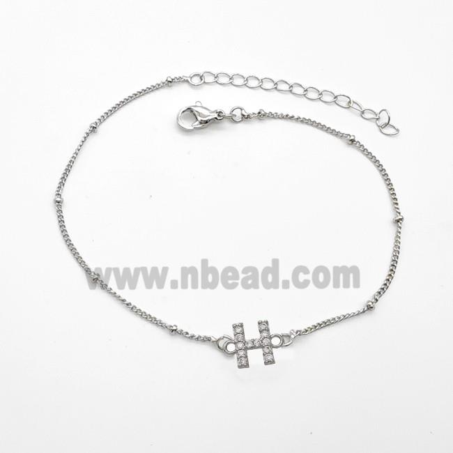 Copper Bracelet With Letter-H Pave Zirconia Platinum Plated