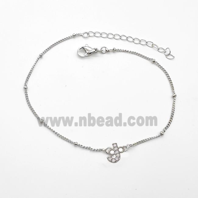 Copper Bracelet With Letter-J Pave Zirconia Platinum Plated