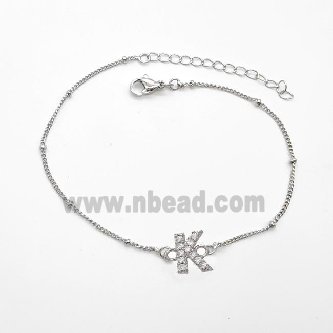 Copper Bracelet With Letter-K Pave Zirconia Platinum Plated