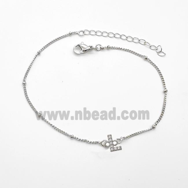 Copper Bracelet With Letter-L Pave Zirconia Platinum Plated