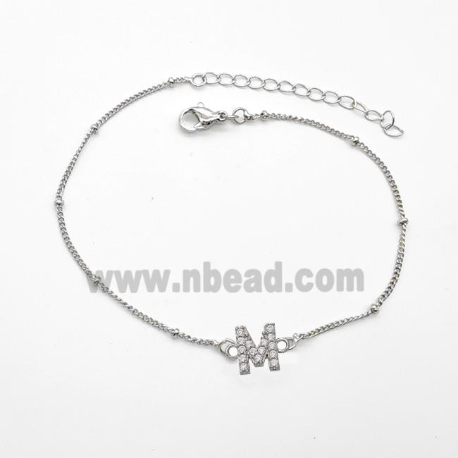 Copper Bracelet With Letter-M Pave Zirconia Platinum Plated