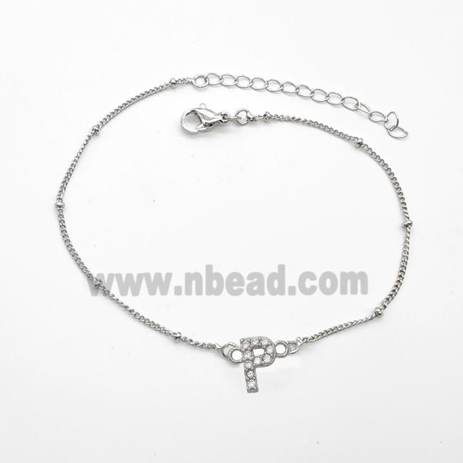 Copper Bracelet With Letter-P Pave Zirconia Platinum Plated
