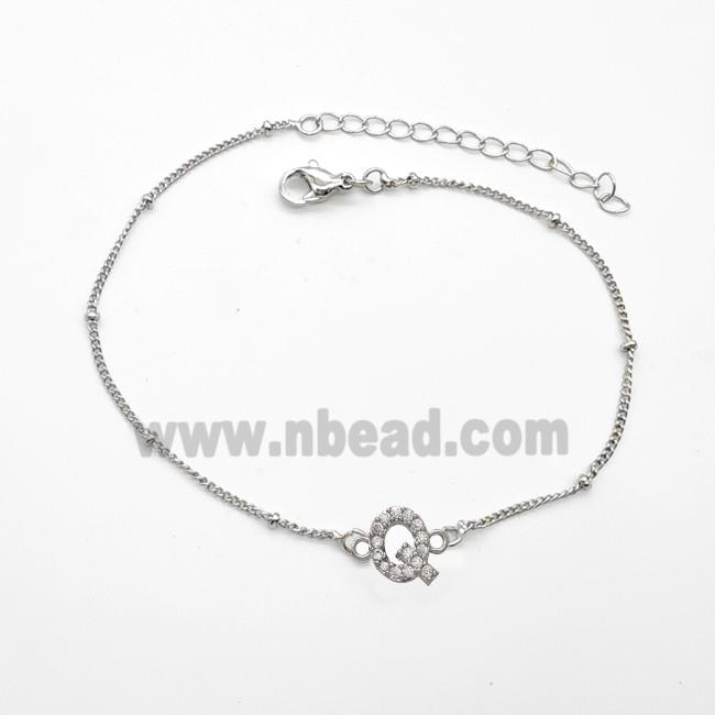 Copper Bracelet With Letter-Q Pave Zirconia Platinum Plated
